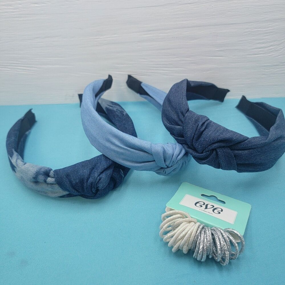 Lot Of 3 Blue Denim Turban Knot Head Band Fabric New W/ Tags Bonus Elastics